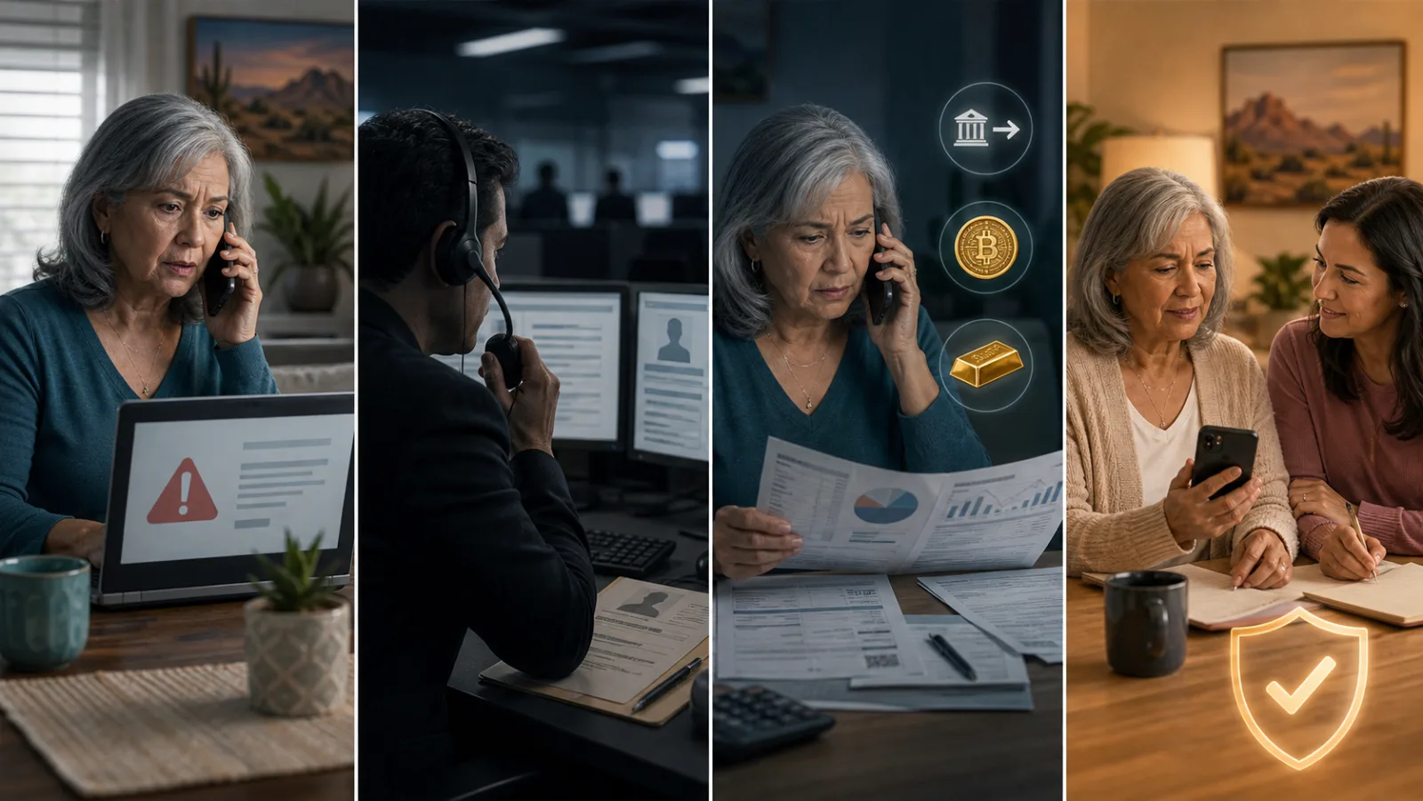 Four-panel illustration showing an older Arizona woman encountering a computer alert, speaking with an impersonator, facing financial pressure, and seeking help from a trusted adviser