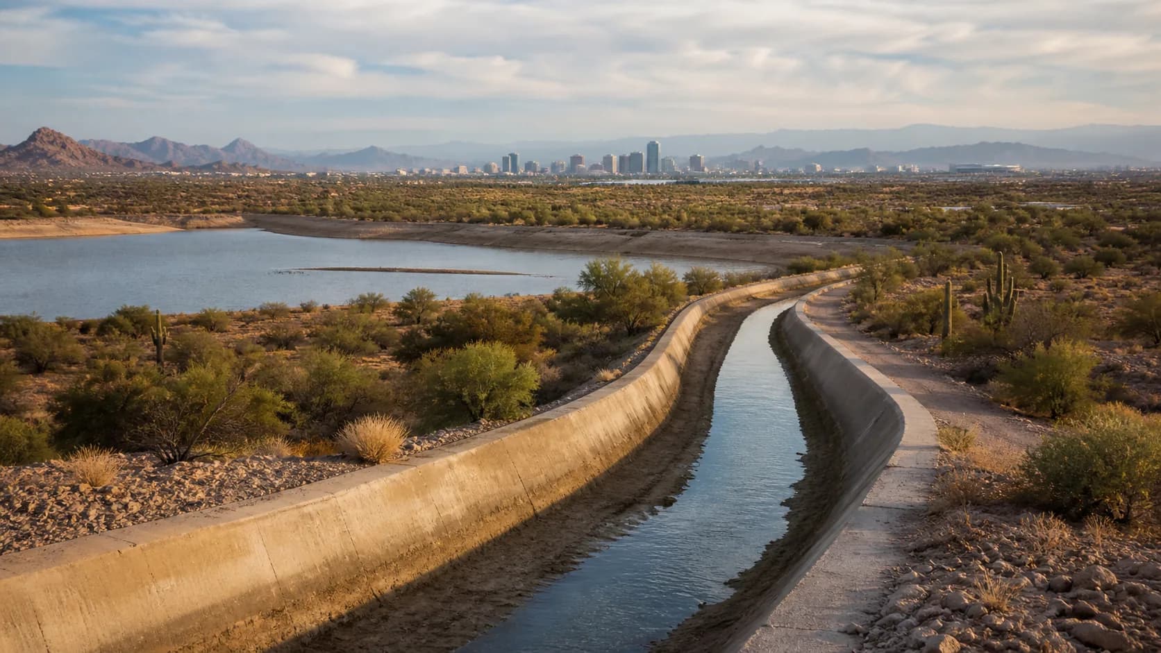 Arizona desert canal with low water levels and Phoenix skyline in the distance.