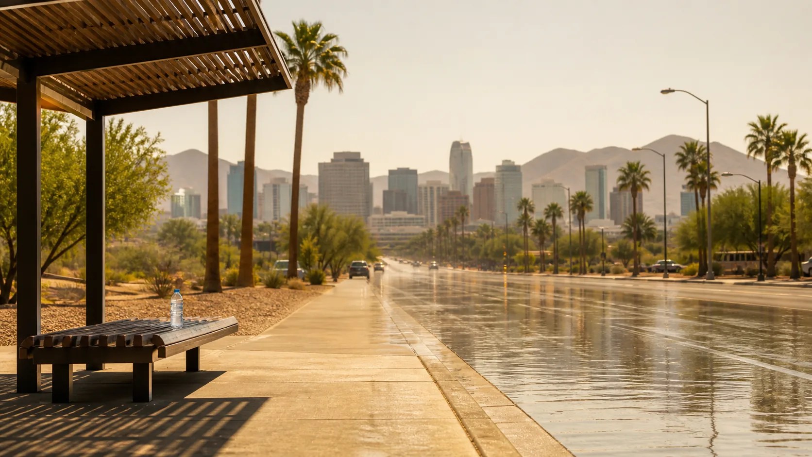 Phoenix street under intense summer heat with downtown skyline in the distance and a water bottle on a shaded bench.