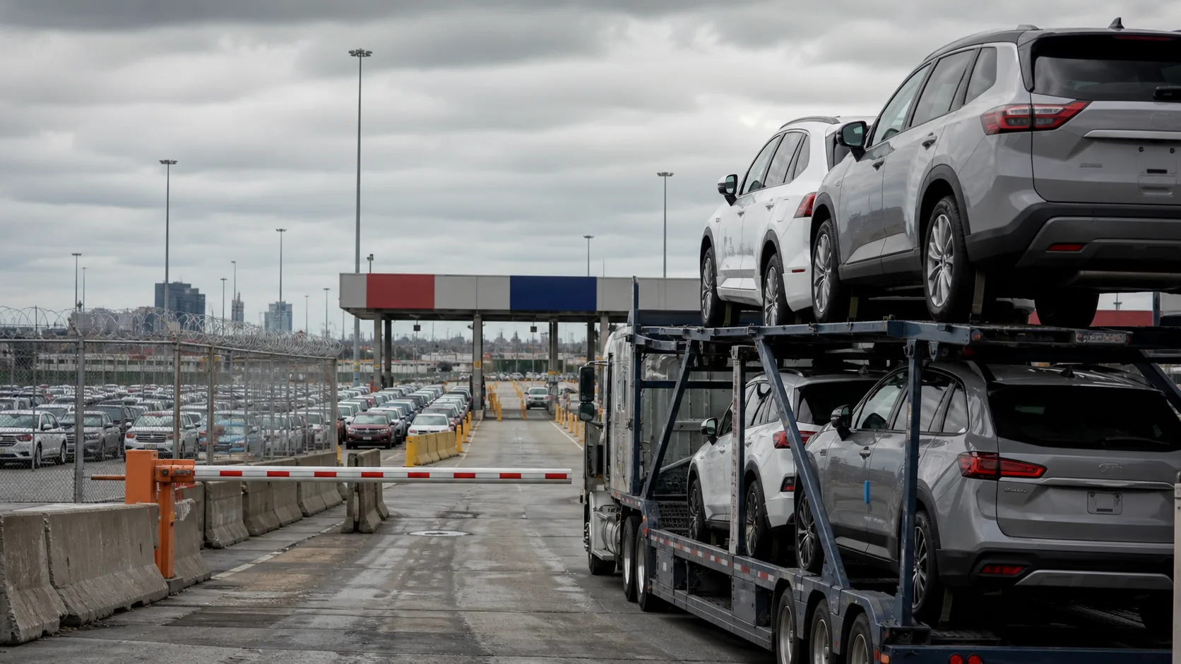 Cars on transport trucks waiting near a North American border checkpoint during a trade dispute.