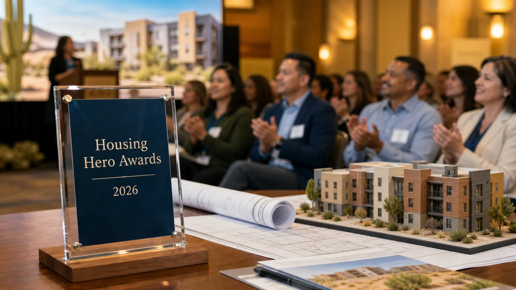 Housing Hero Awards plaque displayed beside affordable housing plans and a building model.