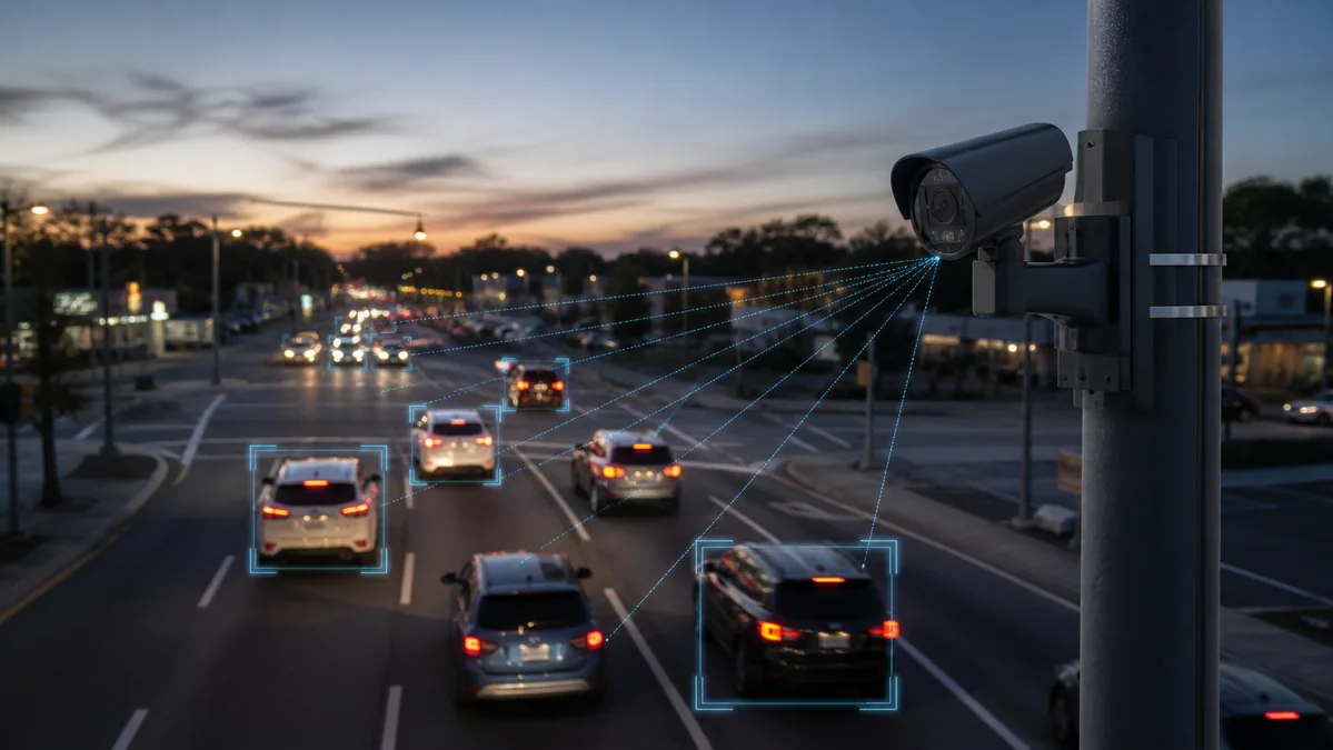 AI-powered traffic camera monitoring vehicles at a street intersection.