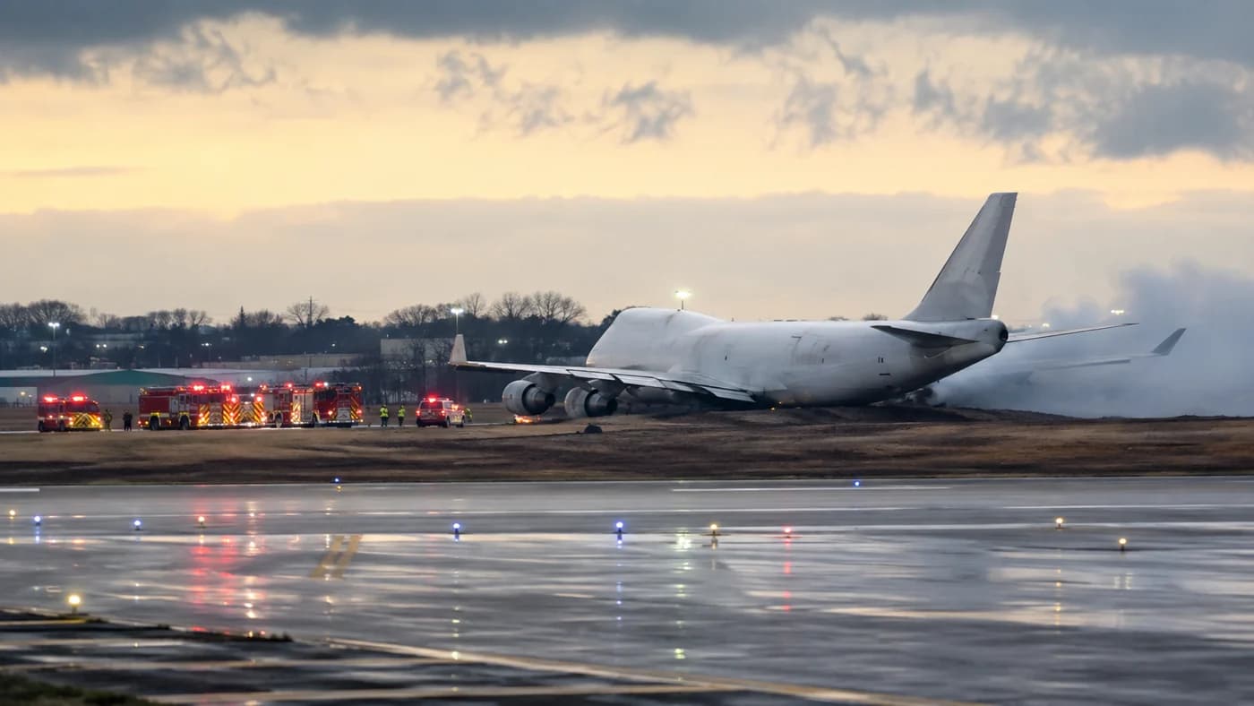 Emergency vehicles respond after a cargo aircraft runway overrun.