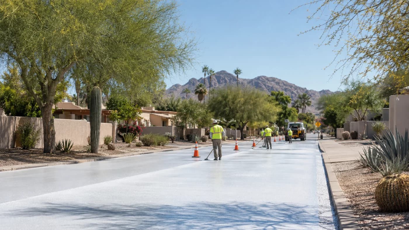 Phoenix street crew applies light-colored cool pavement in a desert neighborhood.