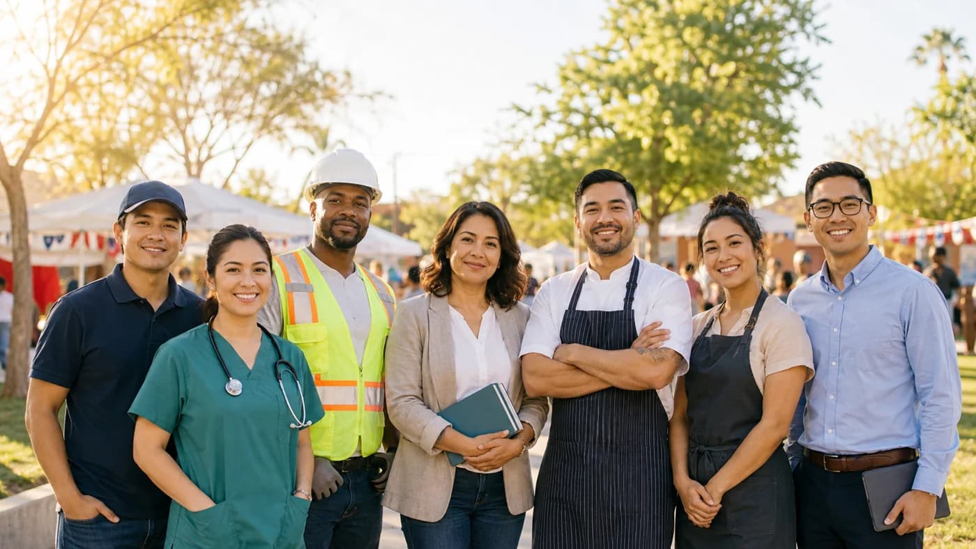 Diverse group of workers standing together in a community setting for Labor Day.