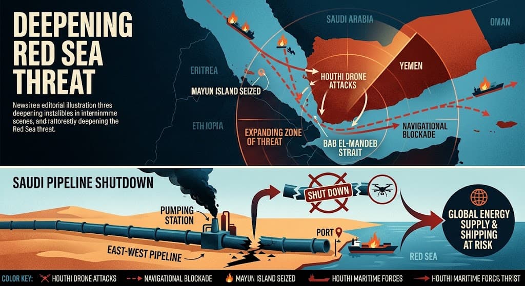 Houthis deepen Red Sea threat as Saudi pipeline shut after drone attack