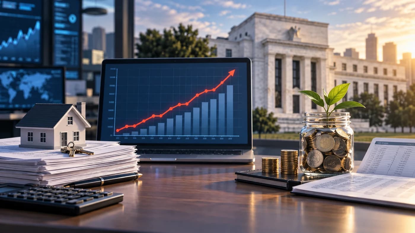 Rising interest-rate chart with loan documents and savings symbols in a financial setting.