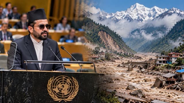 Nepal’s prime minister addresses the United Nations as an illustration of devastating Himalayan floods and landslides affecting Nepal.