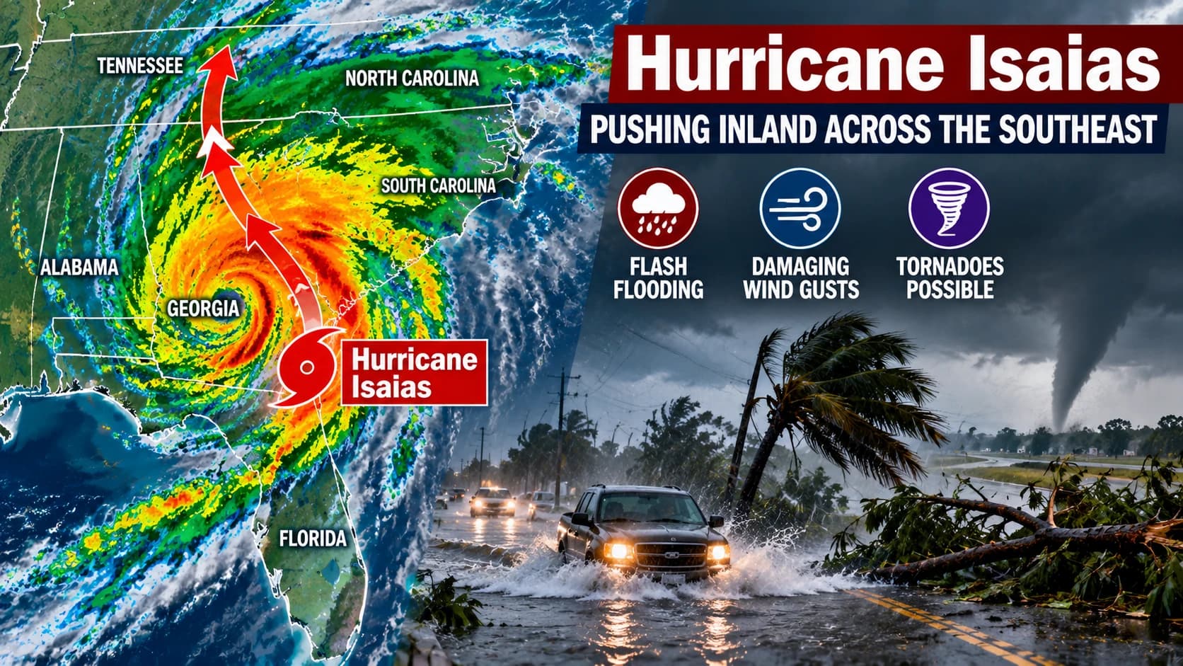 Isaias brings flash flood, wind and tornado threats inland across the Southeast