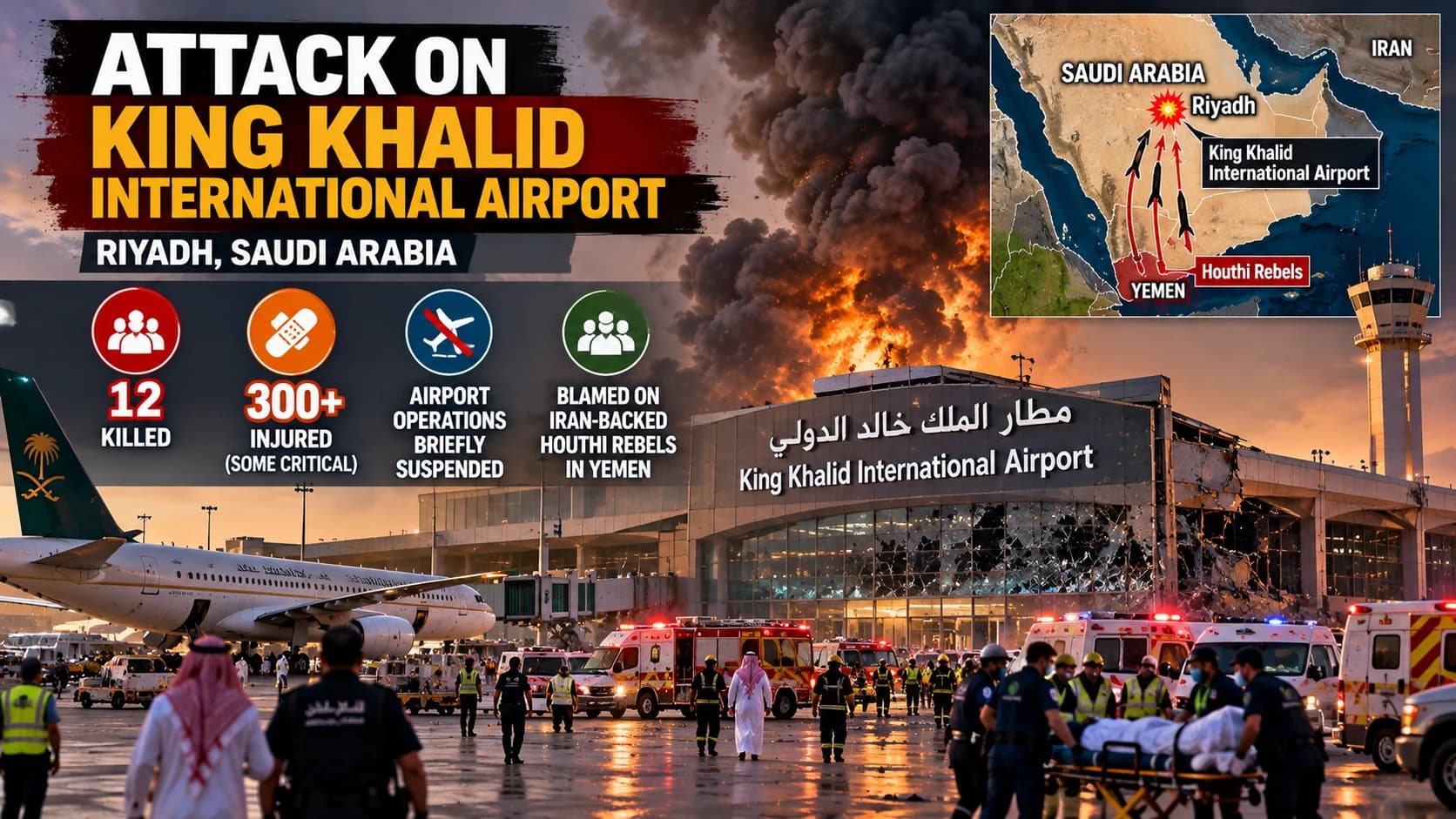Saudi authorities say 12 killed, more than 300 hurt in Riyadh airport attack