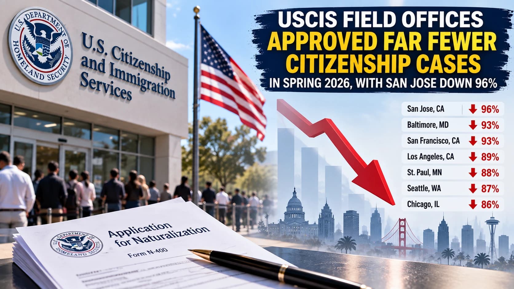 USCIS Field Offices Approved Far Fewer Citizenship Cases in Spring 2026, With San Jose Down 96%